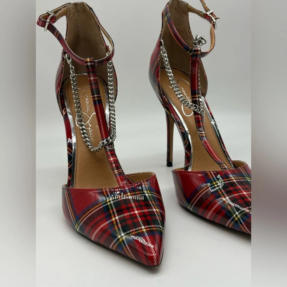 Jessica Simpson Red Plaid Heels with Chain Detail - Picture 3 of 7